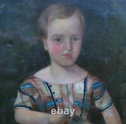 Portrait de Jeune Fille Au Chien Epoque Louis Philippe Huile/Toile XIXème siècle