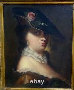 Portrait de femme au chapeau époque Louis XV école française du XIXème HsT