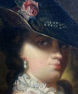 Portrait de femme au chapeau époque Louis XV école française du XIXème HsT