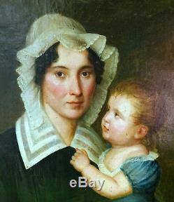 Portrait de femme et d'enfant Epoque Charles X HST Ecole française XIXème siècle