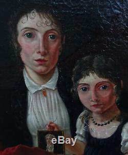 Portrait de femme et d'enfant Epoque Empire HST Ecole française XIXème siècle