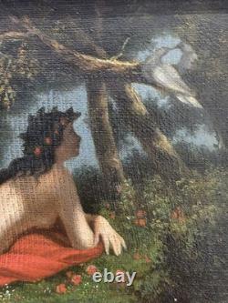 Rare Huile Nu Allongé dans une Forêt regardant couple d' oiseaux époque XIXème