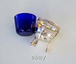 SALERON Salière Argent Massif et Cristal bleu Epoque Empire XIXème Siècle