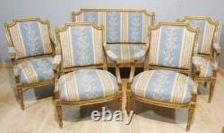 Salon Louis XVI bois doré, banquette et 4 fauteuils bois sculpté, époque XIX ème