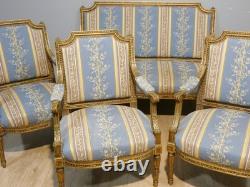 Salon Louis XVI bois doré, banquette et 4 fauteuils bois sculpté, époque XIX ème