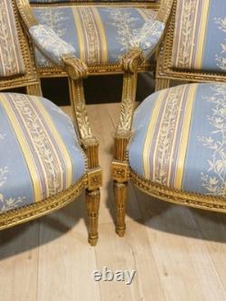 Salon Louis XVI bois doré, banquette et 4 fauteuils bois sculpté, époque XIX ème