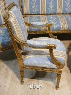 Salon Louis XVI bois doré, banquette et 4 fauteuils bois sculpté, époque XIX ème