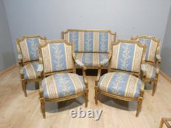 Salon Louis XVI bois doré, banquette et 4 fauteuils bois sculpté, époque XIX ème