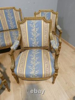 Salon Louis XVI bois doré, banquette et 4 fauteuils bois sculpté, époque XIX ème