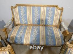 Salon Louis XVI bois doré, banquette et 4 fauteuils bois sculpté, époque XIX ème