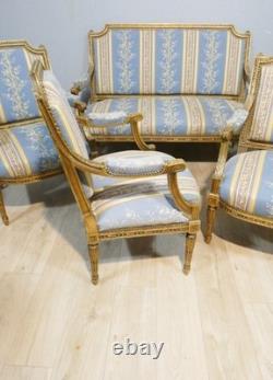 Salon Louis XVI bois doré, banquette et 4 fauteuils bois sculpté, époque XIX ème