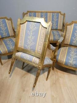 Salon Louis XVI bois doré, banquette et 4 fauteuils bois sculpté, époque XIX ème