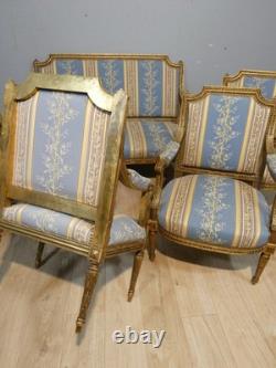 Salon Louis XVI bois doré, banquette et 4 fauteuils bois sculpté, époque XIX ème