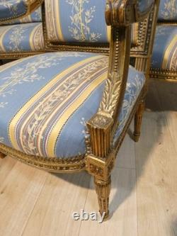 Salon Louis XVI bois doré, banquette et 4 fauteuils bois sculpté, époque XIX ème