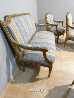 Salon Louis XVI bois doré, banquette et 4 fauteuils bois sculpté, époque XIX ème