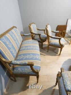 Salon Louis XVI bois doré, banquette et 4 fauteuils bois sculpté, époque XIX ème