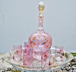 Service liqueur verre emaille decor fleurs carafe verres d'époque XIXème