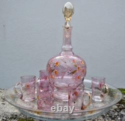 Service liqueur verre emaille decor fleurs carafe verres d'époque XIXème