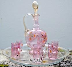 Service liqueur verre emaille decor fleurs carafe verres d'époque XIXème