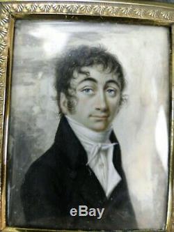 Splendide Miniature Peinture Portrait Homme XIXème Époque Empire Cadre 1810
