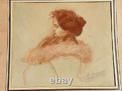 Superbe dessin sanguine signée fin XIX ème Belle Epoque portrait jeune femme