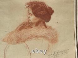 Superbe dessin sanguine signée fin XIX ème Belle Epoque portrait jeune femme