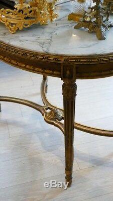 Table De Milieu Louis XVI En Bois Doré Et Marbre Blanc Veiné, époque XIX ème