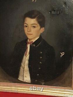 Tableau Ancien, portrait d'enfant époque XIX ème s, cadre doré, signée et datée