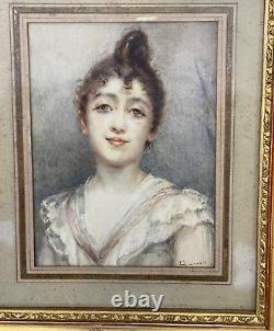 Tableau XIXème Eugène Lamy portrait jeune femme Belle Epoque