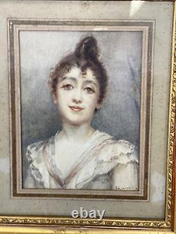 Tableau XIXème Eugène Lamy portrait jeune femme Belle Epoque