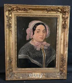 Tableau ancien huile portrait dame de qualité signé époque XIXème