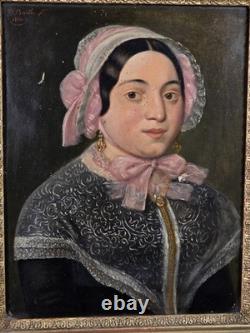 Tableau ancien huile portrait dame de qualité signé époque XIXème