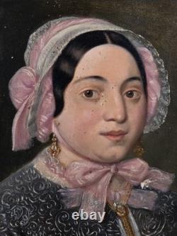 Tableau ancien huile portrait dame de qualité signé époque XIXème