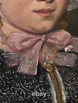 Tableau ancien huile portrait dame de qualité signé époque XIXème