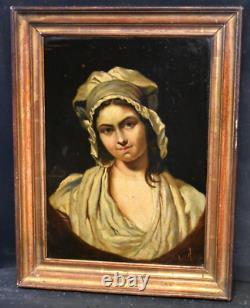 Tableau ancien huile portrait fille à la coiffe signé époque XIXème