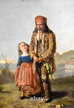 Tableau ancien scène de paternité Père et sa fille époque XIXème