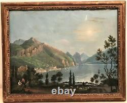 Tableau gouache paysage au lac époque XIXème siècle