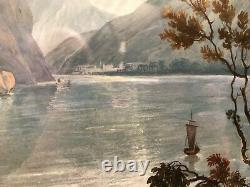 Tableau gouache paysage au lac époque XIXème siècle