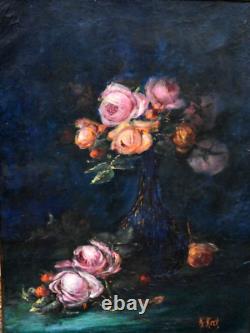 Tableau huile Nature Morte au roses pivoines signé époque XIXème