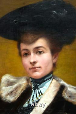 Tableau huile portrait d' élégante à la coiffe signé époque XIXème Belle époque
