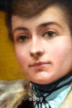 Tableau huile portrait d' élégante à la coiffe signé époque XIXème Belle époque