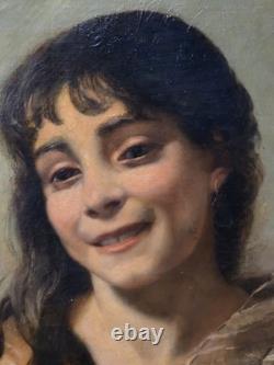 Tableau huile portrait fille Orientaliste signé époque XIXème