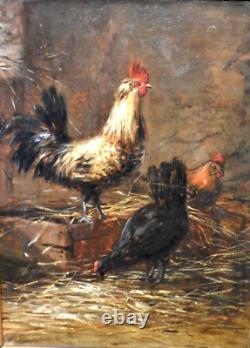 Tableau huile scène de poulailler poules école Française époque XIXème