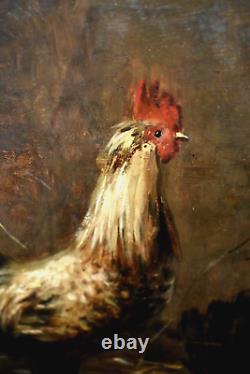 Tableau huile scène de poulailler poules école Française époque XIXème