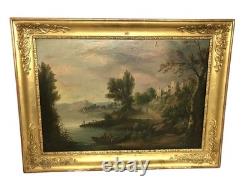 Tableau huile sur toile paysage lacustre époque XIXème siècle