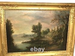 Tableau huile sur toile paysage lacustre époque XIXème siècle
