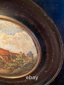 Tableau miniature, huile, époque XIXème, cadre en bois noirci, pièce rare