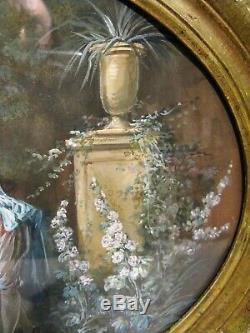 Tableau ovale gouache scène romantique époque fin XIX ème siècle