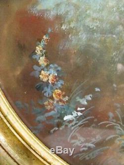 Tableau ovale gouache scène romantique époque fin XIX ème siècle