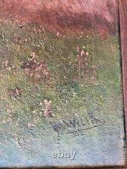Tableau vue sur un chemin bordé d'arbres, huile sur toile signée, époque XIX ème
